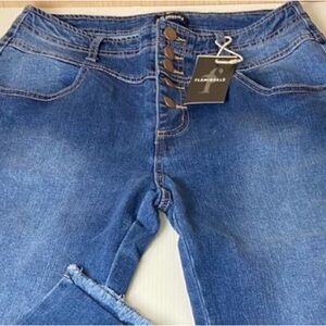 Flamingals NWT High Rise Wide Leg Jeans Raw Hem Button Front Large